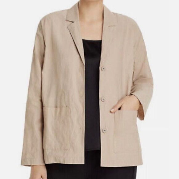 Eileen Fisher Bramble Boxy Crinkle Organic Cotton Steel Blazer Jacket Large Tan - Picture 1 of 15